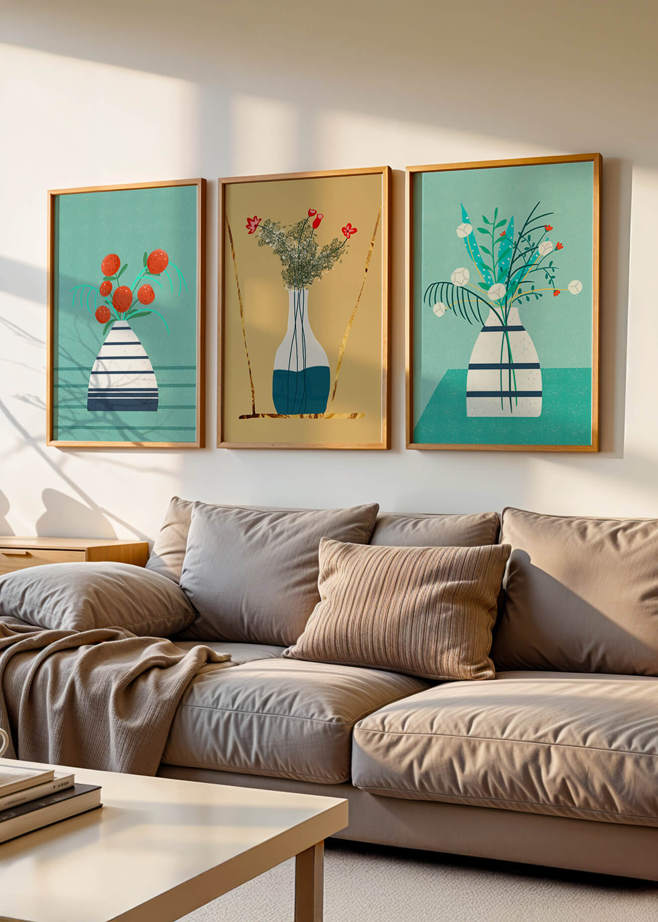 Conjunto de Tres Imágenes de Jarrones con Flores en Colores Pastel y Fondo Neutro