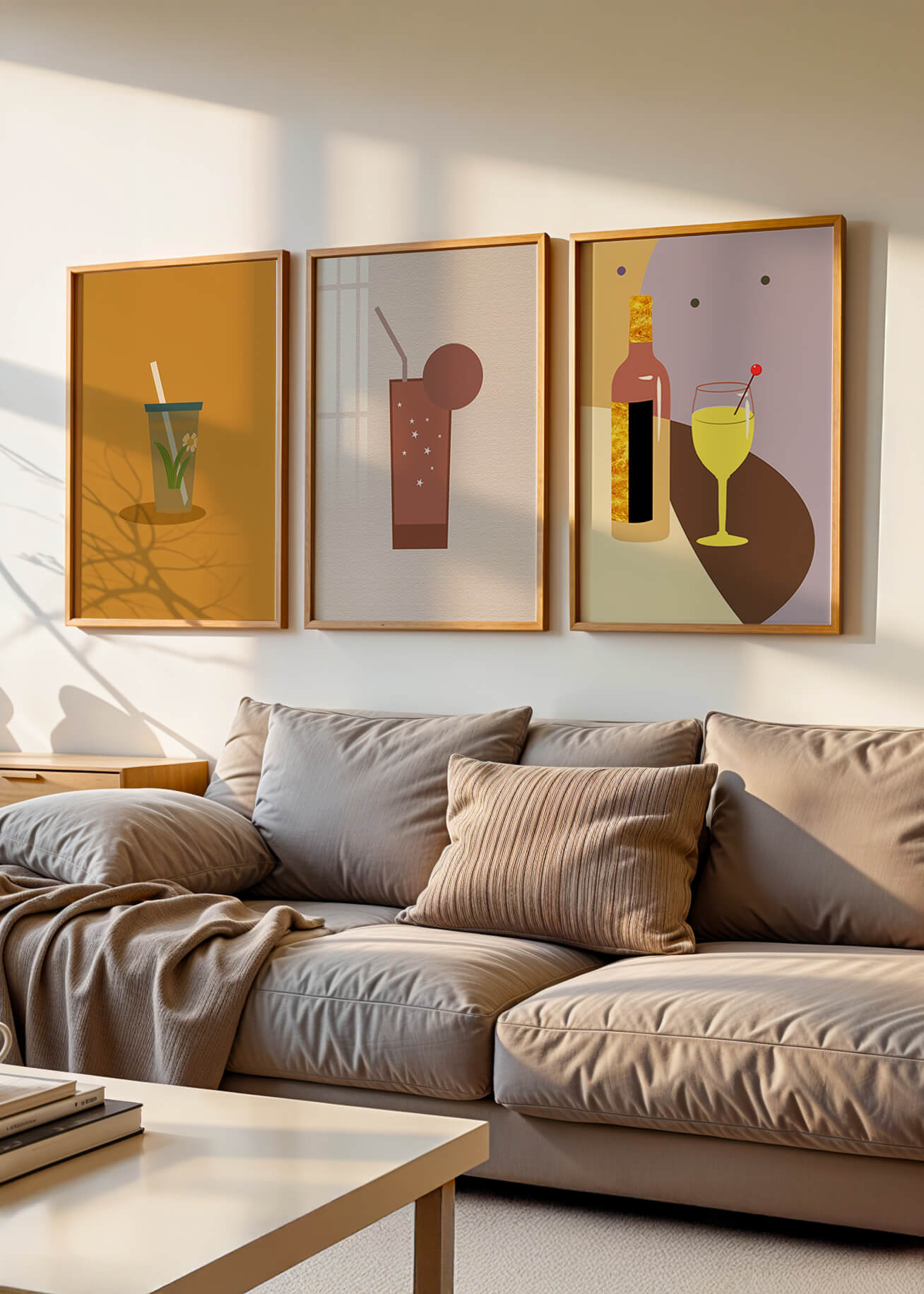 Illustrations minimalistes de boissons dans des cadres en bois