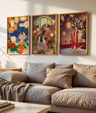 Art décoratif de style asiatique avec des lanternes et des personnages en vêtements traditionnels