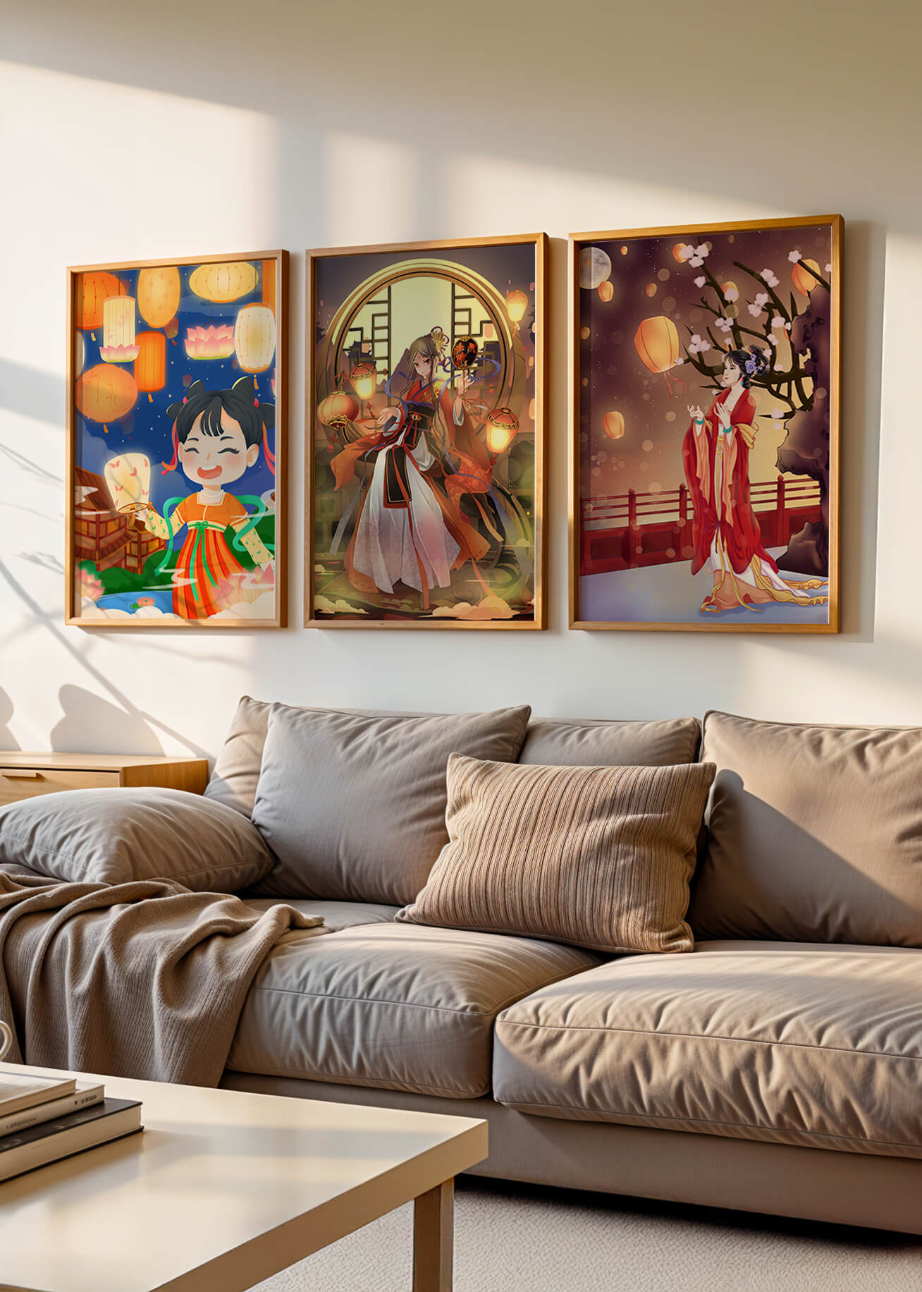 Art décoratif de style asiatique avec des lanternes et des personnages en vêtements traditionnels