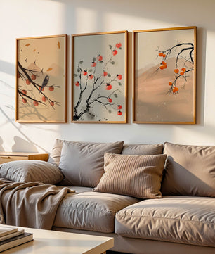 Conjunto de Obras de Arte con Ramas y Frutas en Estilo Oriental