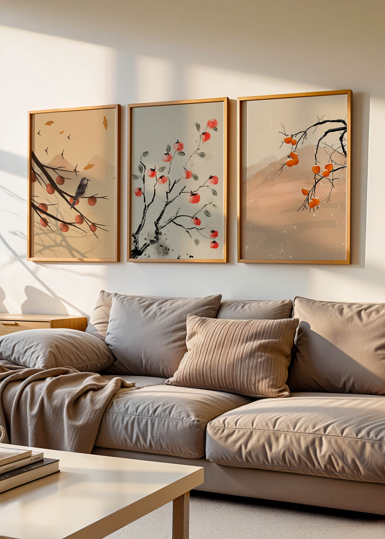 Conjunto de Obras de Arte con Ramas y Frutas en Estilo Oriental