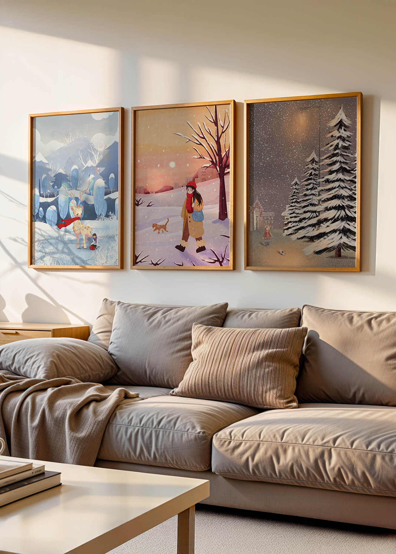 Conjunto de Tres Ilustraciones de Invierno en Tonos Cálidos y Fríos