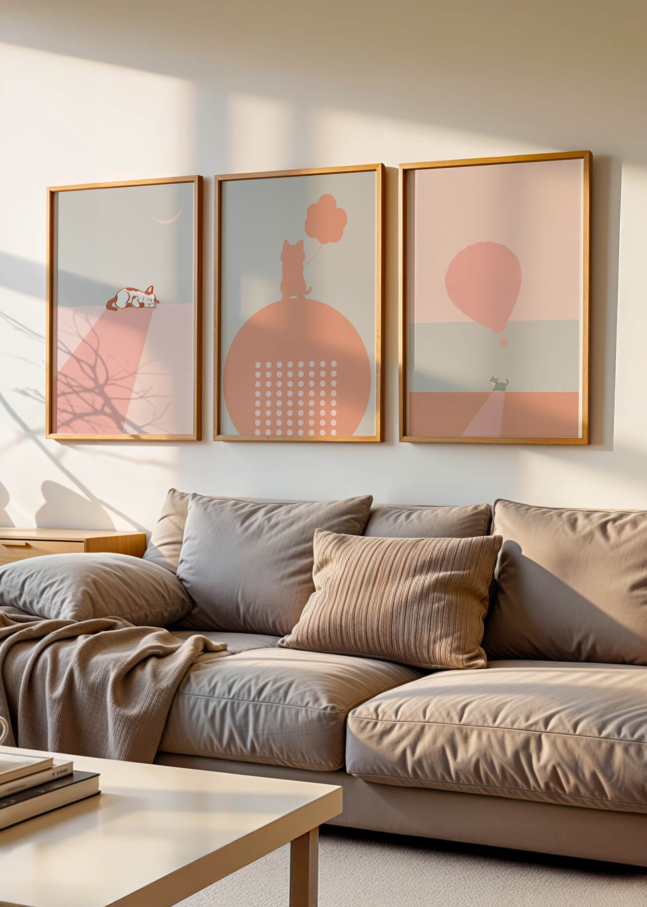Triptyque minimaliste avec chats et ballon en ton rose
