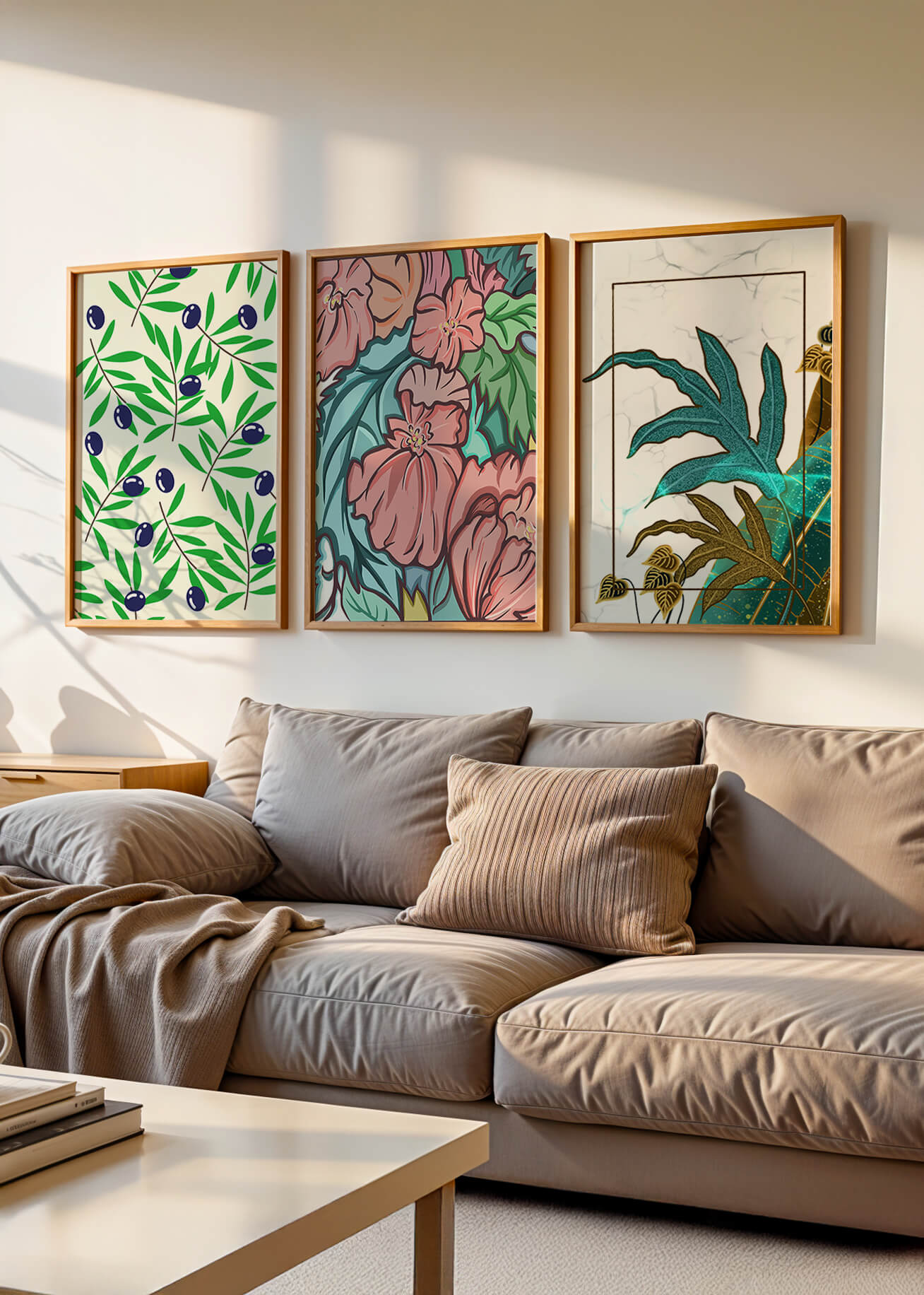 Impressions florales et tropicales sans cadre dans un salon moderne