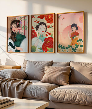 Conjunto De Impresiones Artísticas Inspiradas En Moda Asiática Con Elementos De Flores