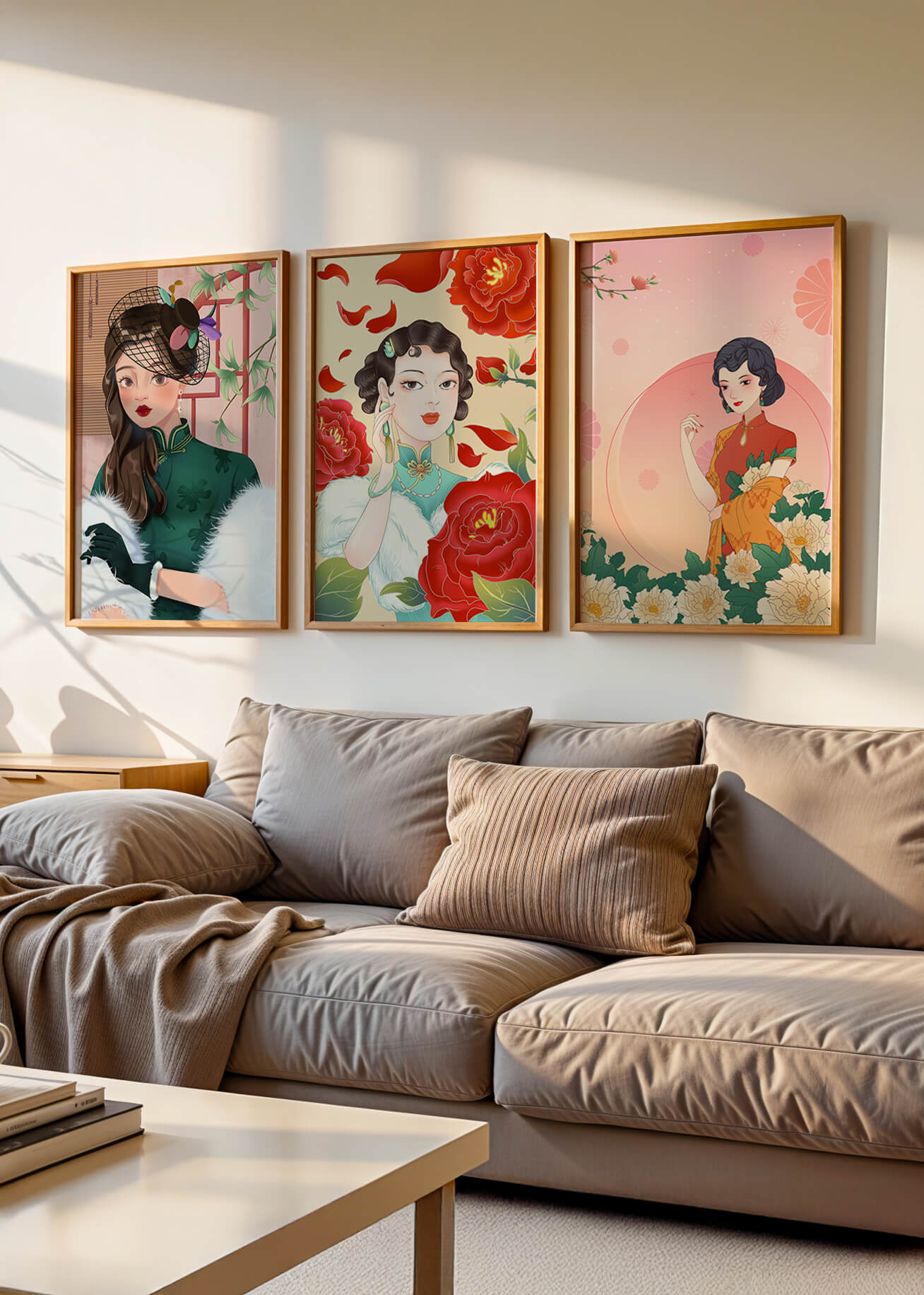 Conjunto De Impresiones Artísticas Inspiradas En Moda Asiática Con Elementos De Flores