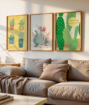 Conjunto de Ilustraciones de Cactus en Marcos de Madera en Pared Clara
