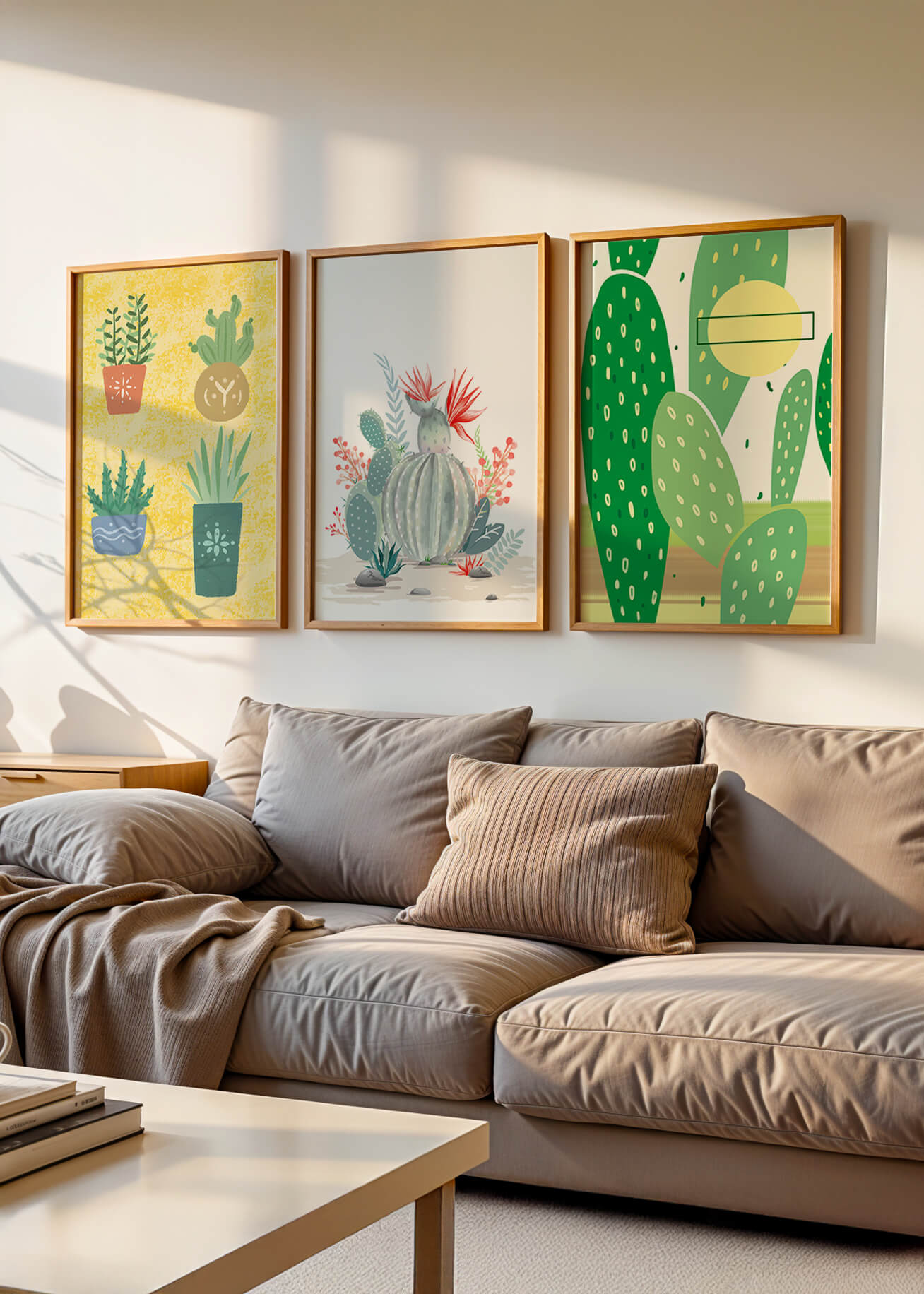 Conjunto de Ilustraciones de Cactus en Marcos de Madera en Pared Clara