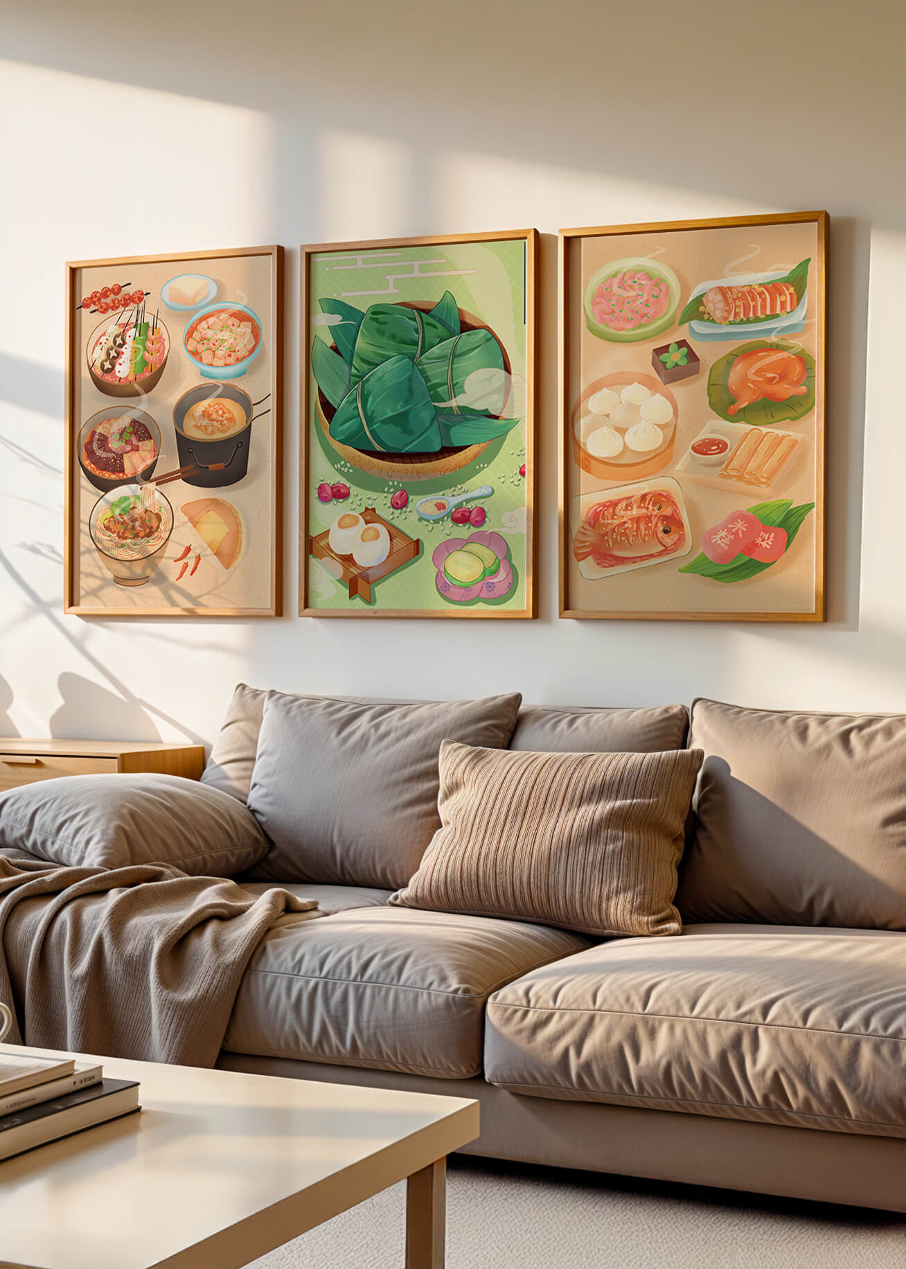 Pósters Ilustrados de Comida Temática Oriental Sobre Piso de Madera