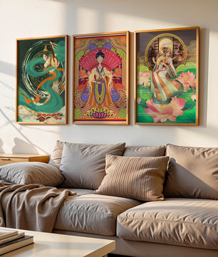 Conjunto de Tres Obras de Arte Oriental en Bloques de Madera