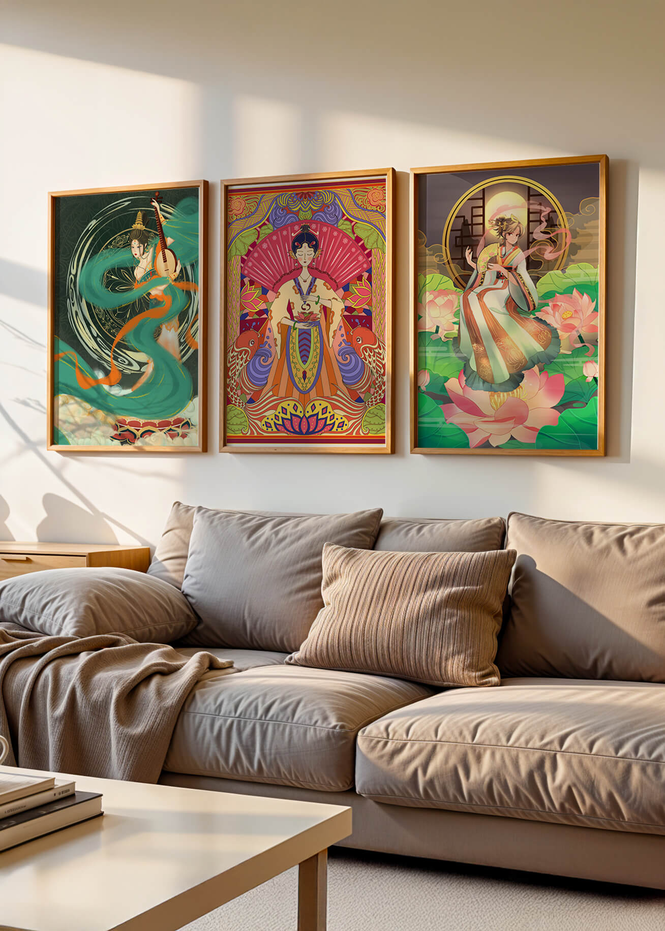 Conjunto de Tres Obras de Arte Oriental en Bloques de Madera