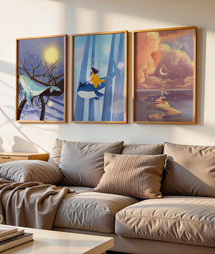 Triptyque d'Illustrations Fantastiques Sans Cadre avec Baleines et Paysages de Rêve