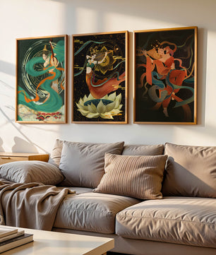 Ensemble d’affiches de style asiatique avec motifs floraux et dorés