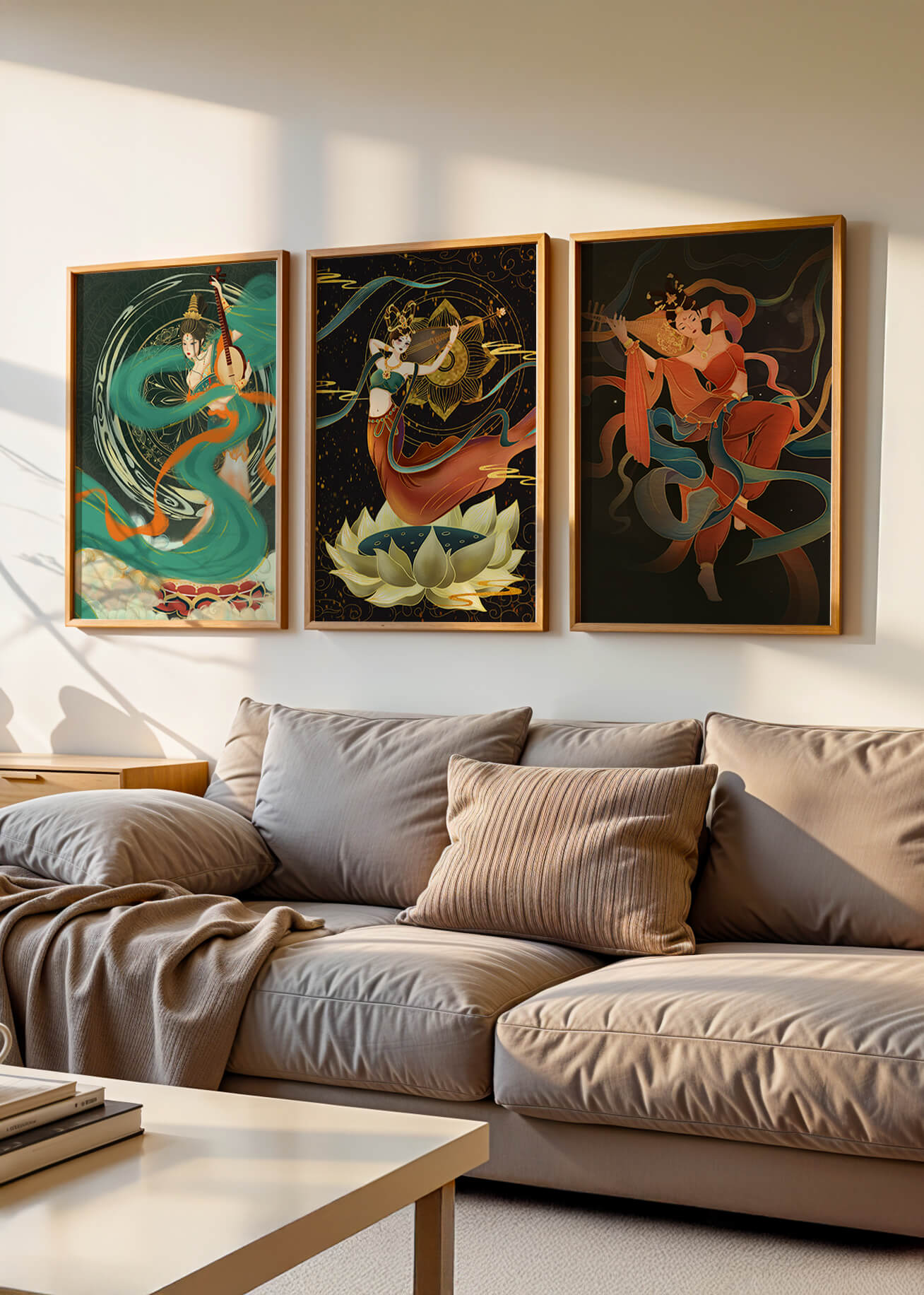 Ensemble d’affiches de style asiatique avec motifs floraux et dorés