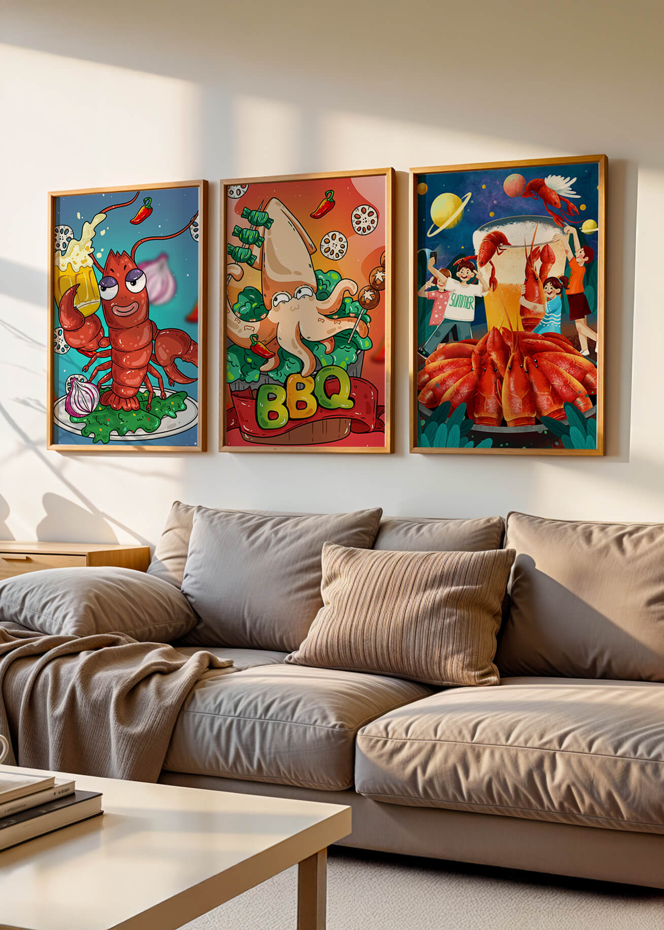Illustrations amusantes de fruits de mer sur le thème de l’espace et du barbecue