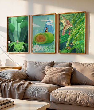 Mur Avec Trois Impressions Artistiques De Paysages Naturels Oniriques