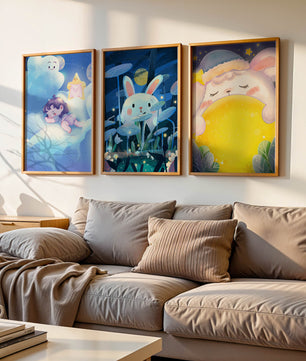 Illustrations de lapin et d'enfant dans un environnement nocturne