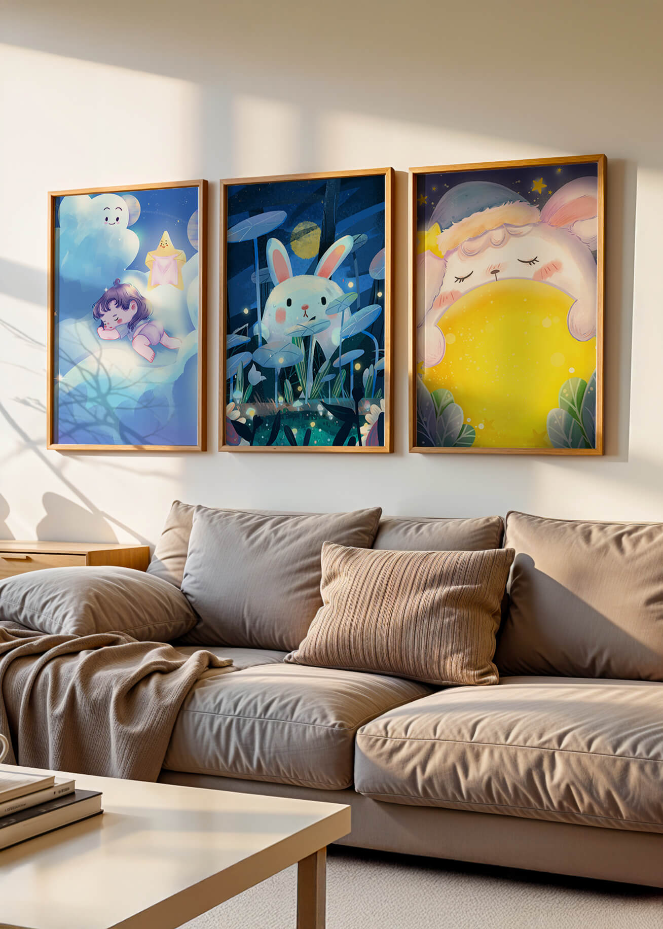 Illustrations de lapin et d'enfant dans un environnement nocturne