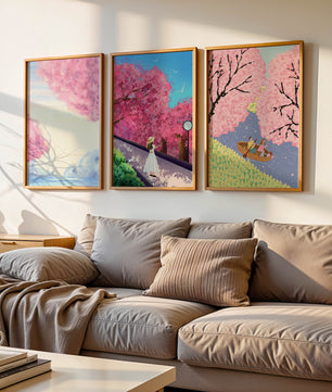 Peintures de fleurs de cerisier encadrées avec de magnifiques paysages