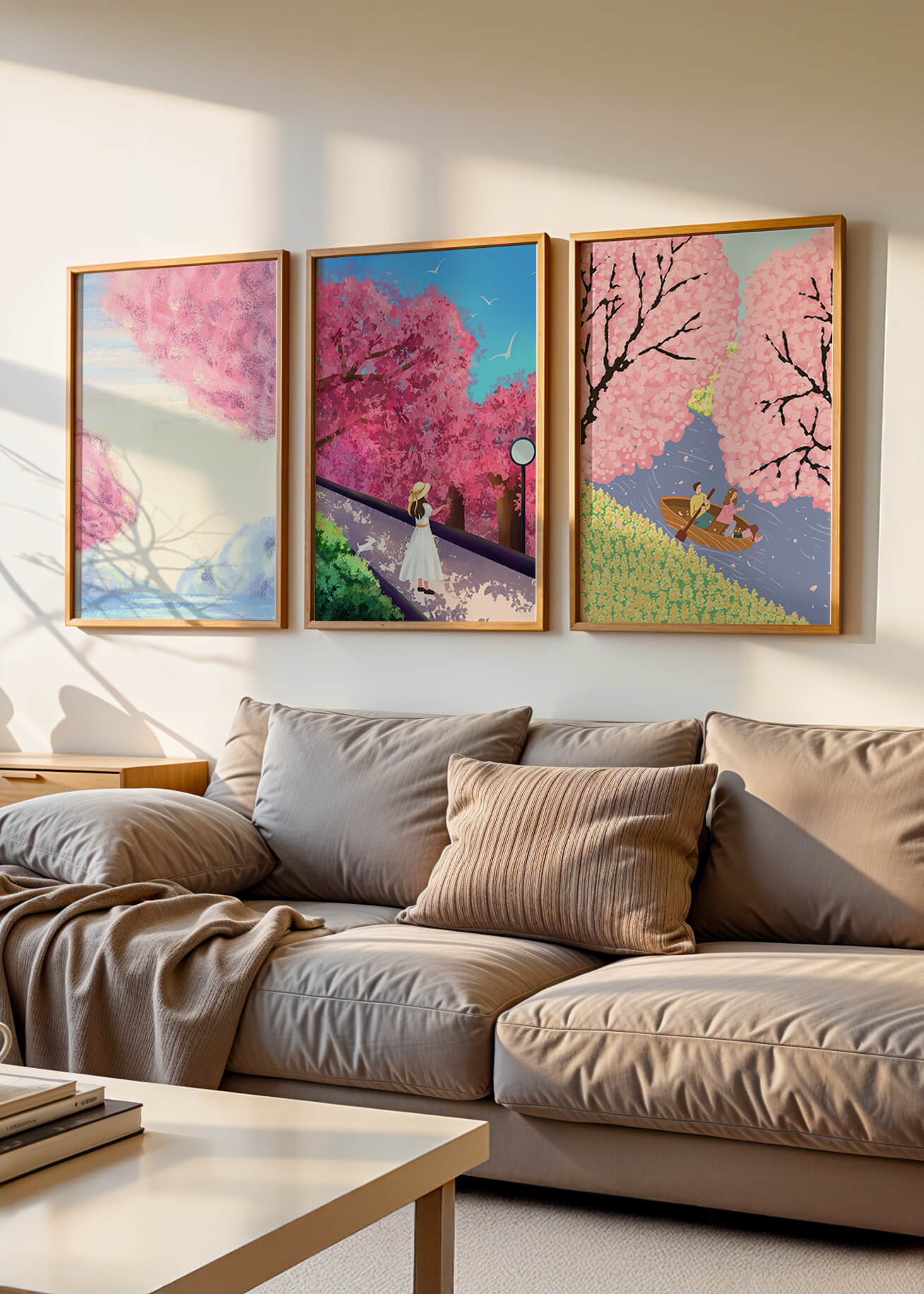 Peintures de fleurs de cerisier encadrées avec de magnifiques paysages