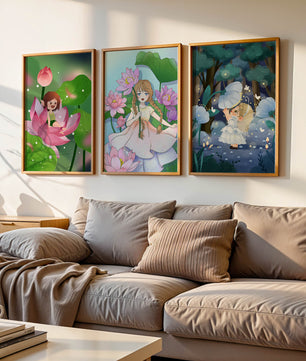 Triptyque enfantin d'art fantastique avec des filles parmi les fleurs