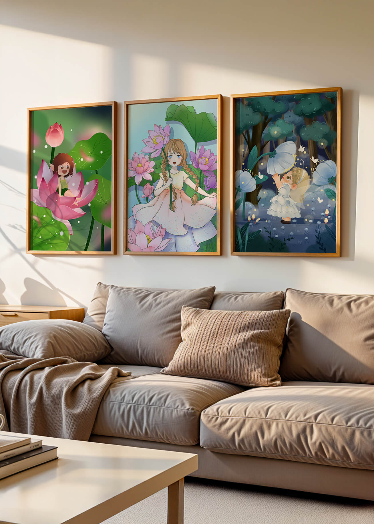 Triptyque enfantin d'art fantastique avec des filles parmi les fleurs