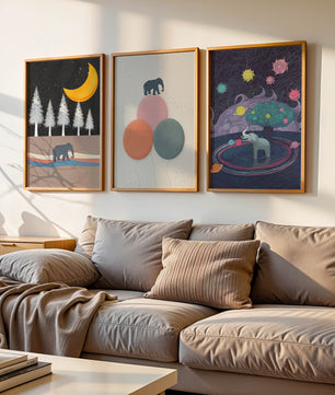 Triptyque d’illustrations avec des motifs d’éléphants et de paysages fantastiques