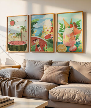 Ensemble d'illustrations estivales avec des fruits et des scènes tropicales