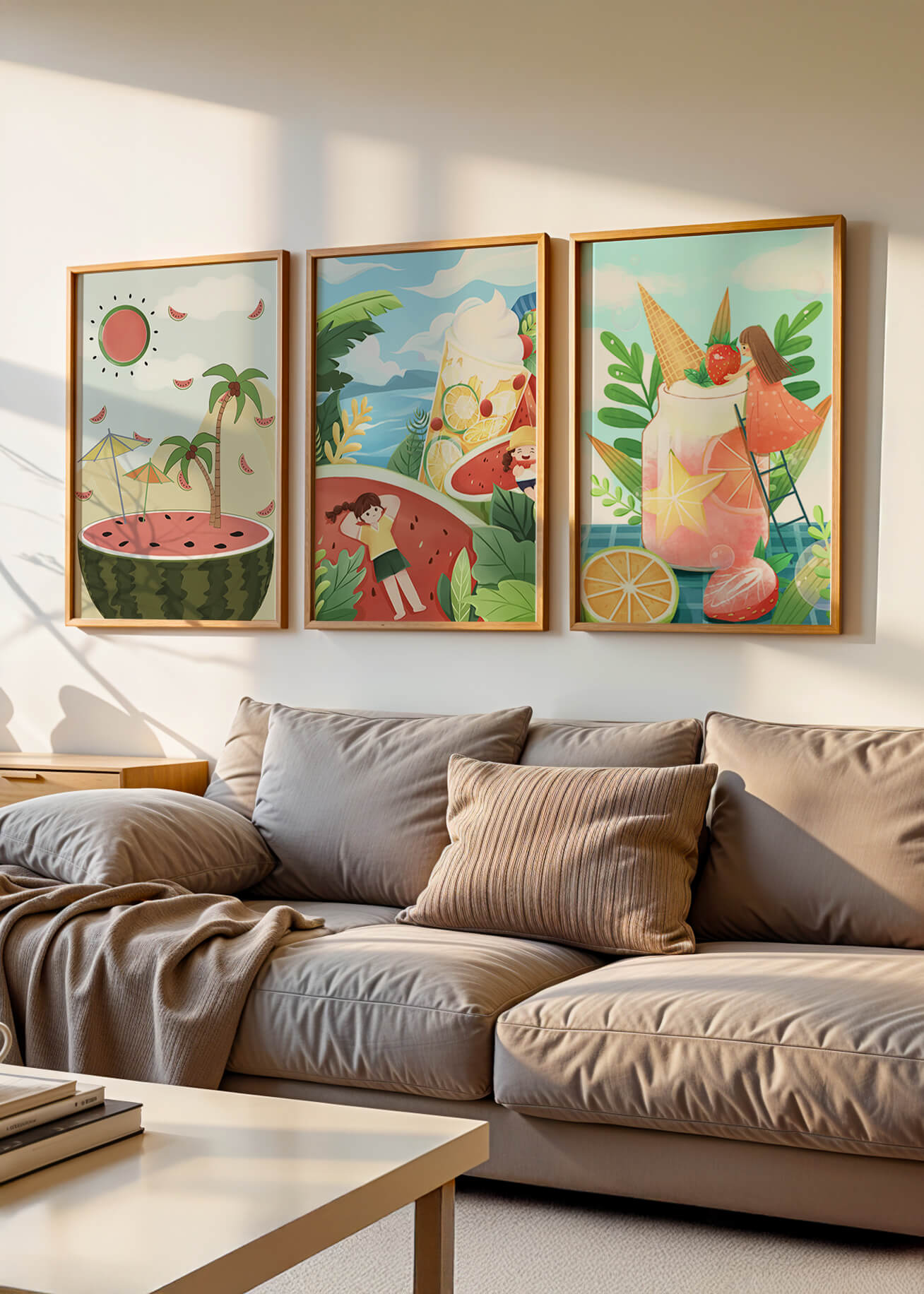 Conjunto de Ilustraciones Veraniegas con Frutas y Escenas Tropicales