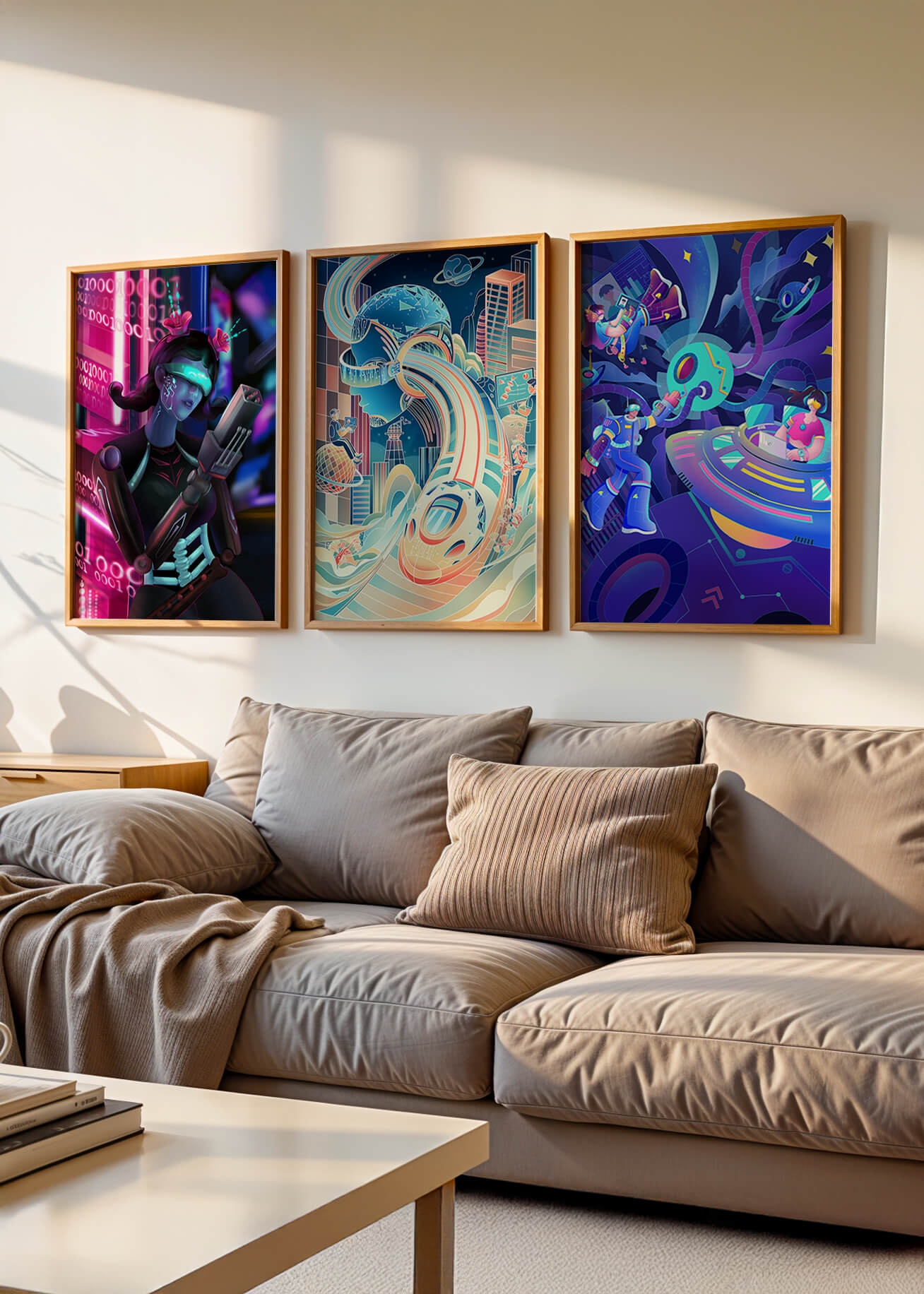 Set aus drei futuristischen Kunstdrucken in modernem Umfeld