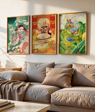 Tableaux pour enfants au style animé avec des personnages et des dragons
