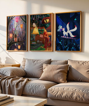 Triptyque d’art fantastique avec des illustrations colorées et oniriques
