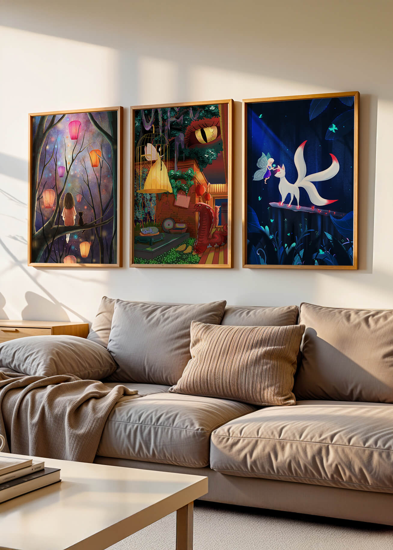 Triptyque d’art fantastique avec des illustrations colorées et oniriques