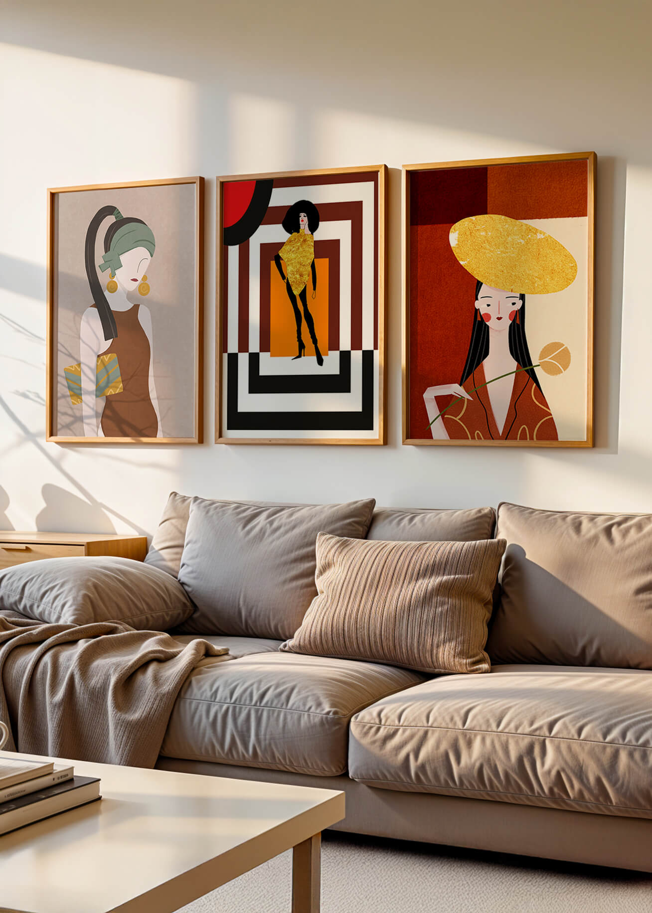 Conjunto De Ilustraciones Modernas Con Elementos Dorados En Pared Sin Marco
