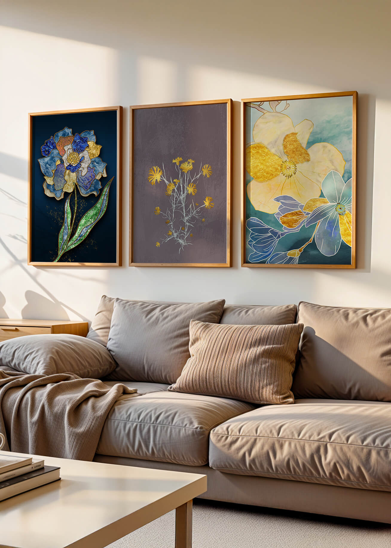 Art floral moderne avec des motifs de fleurs et des éléments dorés