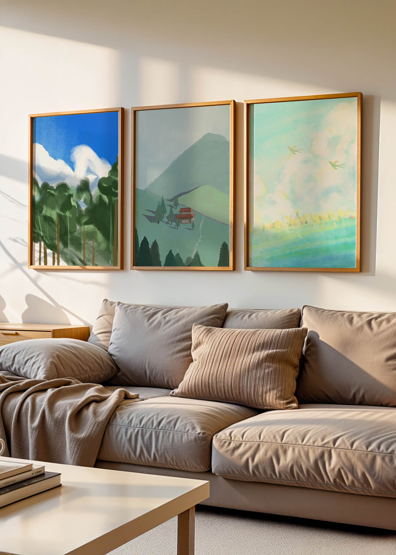 Jeu de trois œuvres d'art de paysage moderne sans cadre