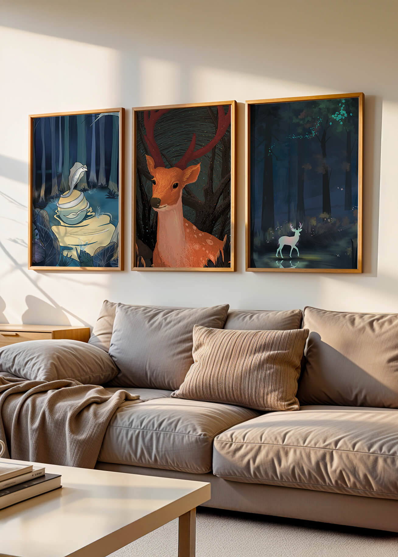 Tríptico De Animales En El Bosque Con Impresión Artística