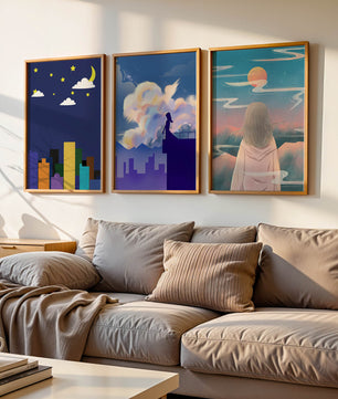 Ensemble de trois tableaux modernes avec des paysages imaginaires