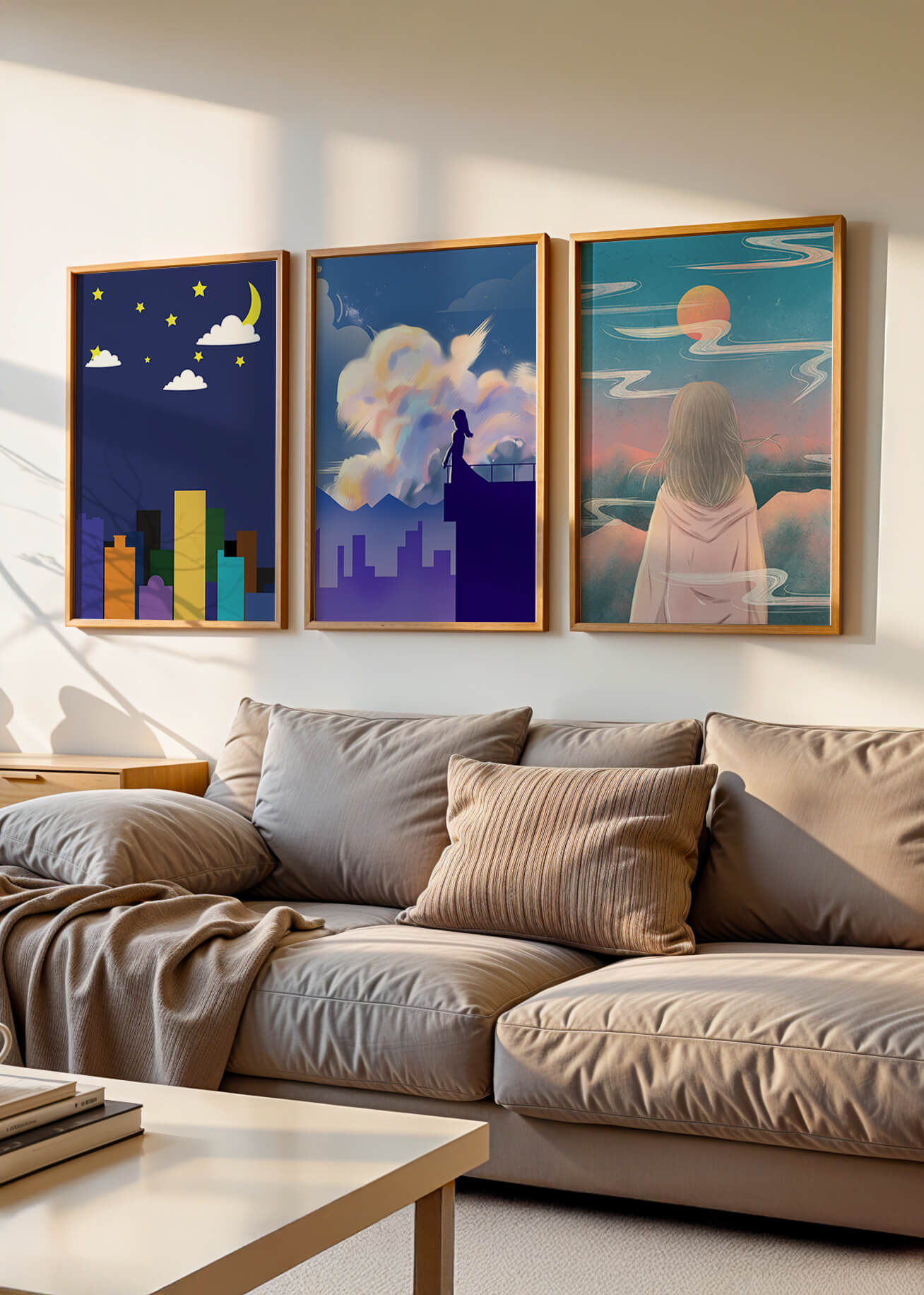 Ensemble de trois tableaux modernes avec des paysages imaginaires