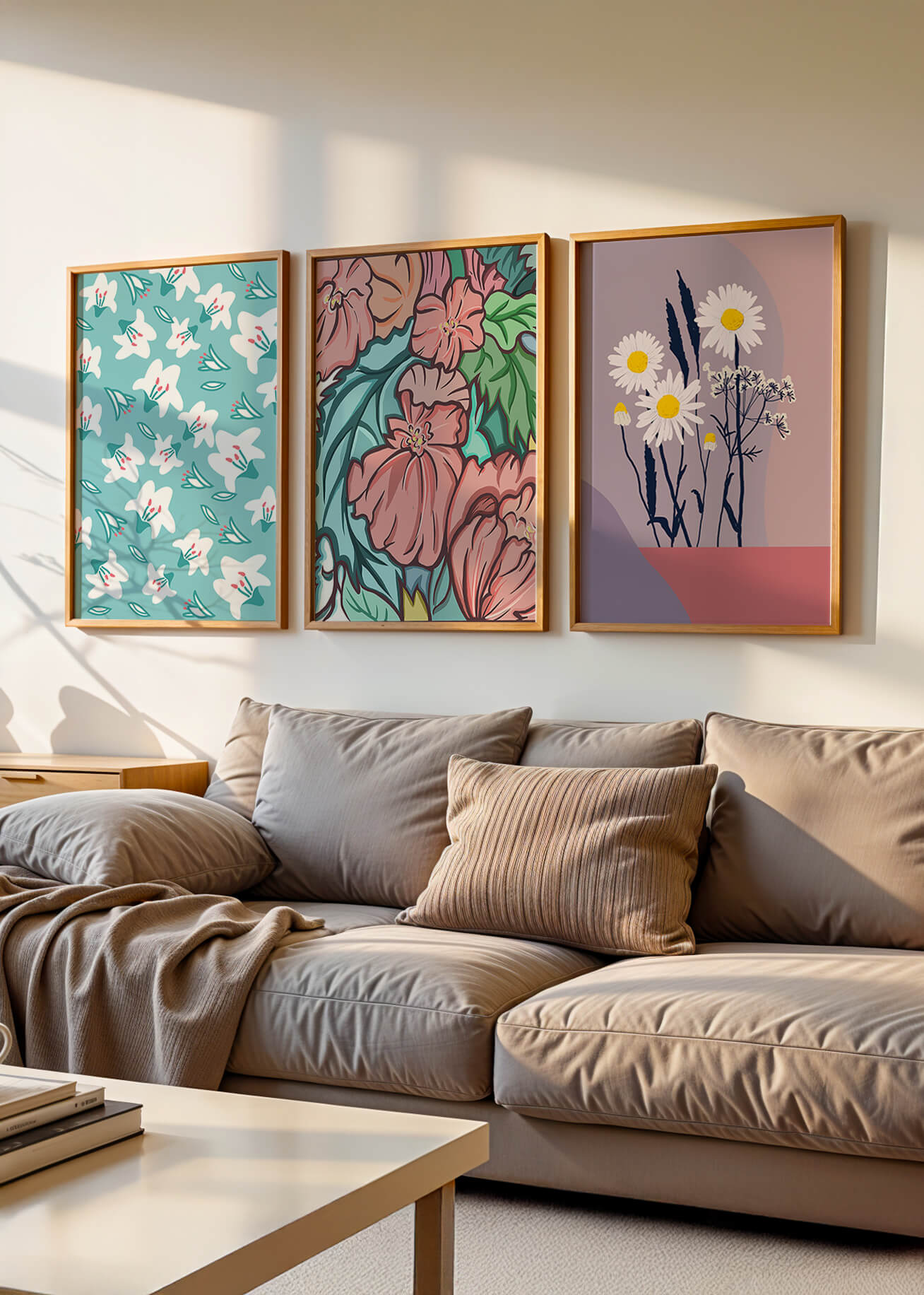 Mur avec trois tableaux de fleurs colorées dans un style moderne
