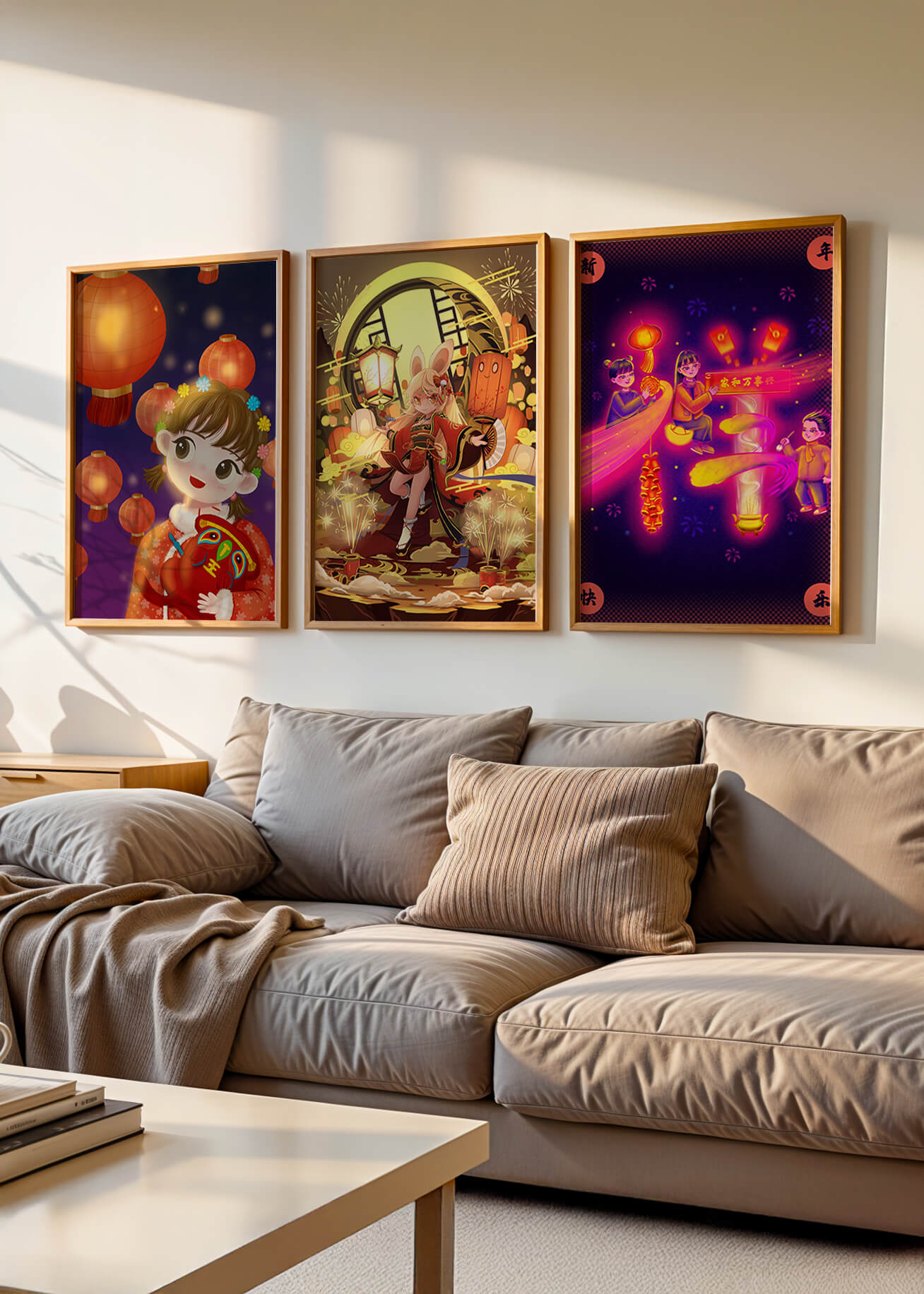 Impressions artistiques d’illustrations asiatiques avec des lanternes sur fond de bois clair