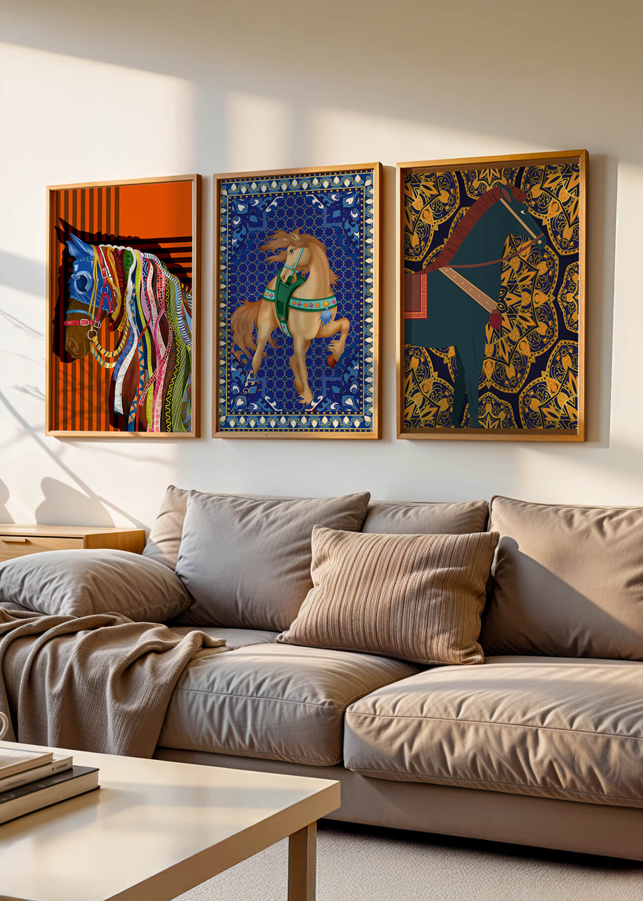 Mur avec trois tableaux de chevaux aux motifs colorés sans cadre