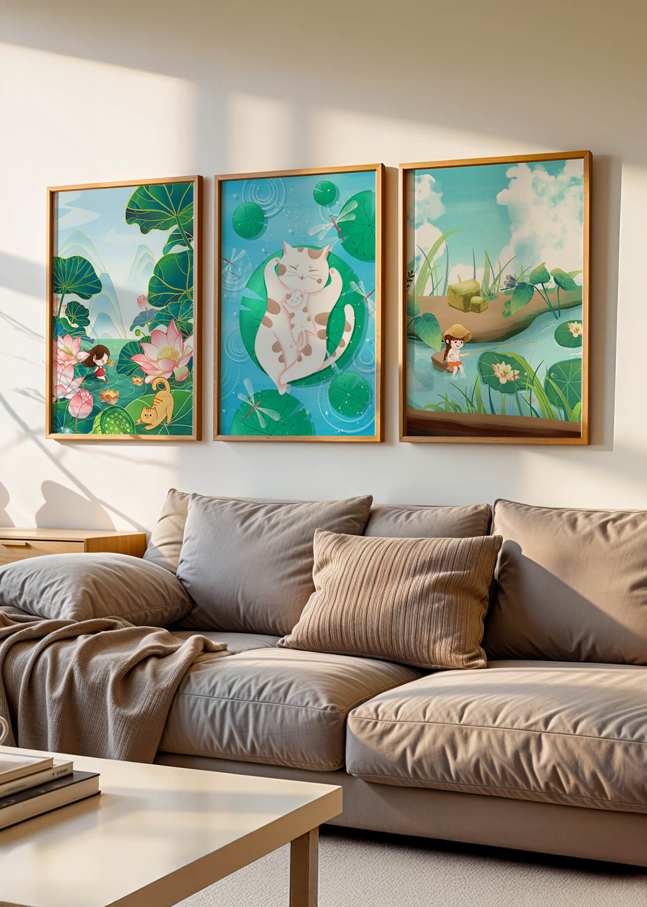 Ensemble d'illustrations artistiques pour enfants avec des chats et la nature