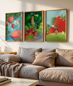 Ensemble d’illustrations de fraise avec une fillette dans un environnement naturel