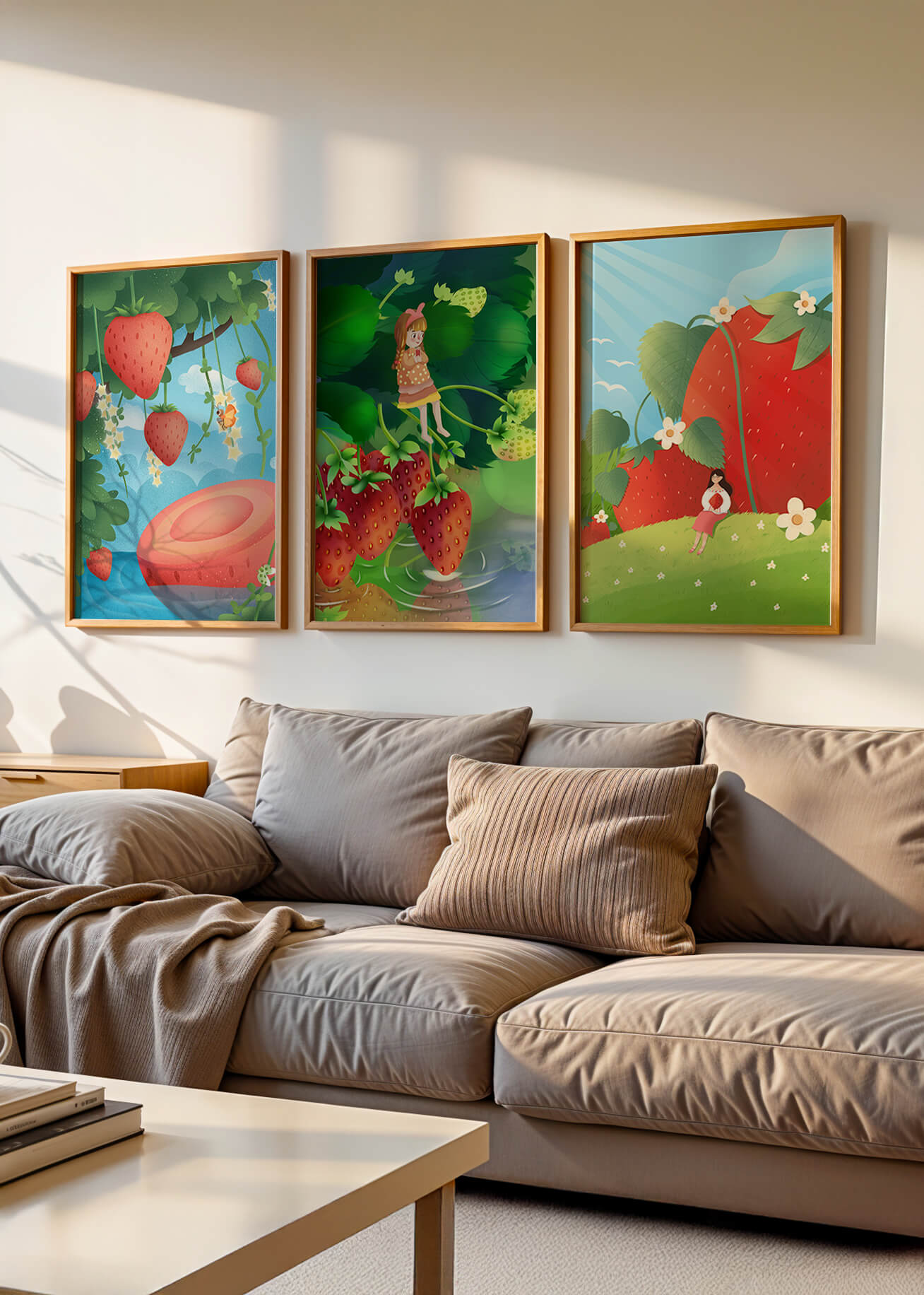 Ensemble d’illustrations de fraise avec une fillette dans un environnement naturel