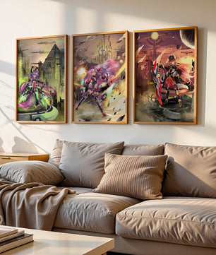 Trio d’illustrations futuristes dans des cadres de couleur claire