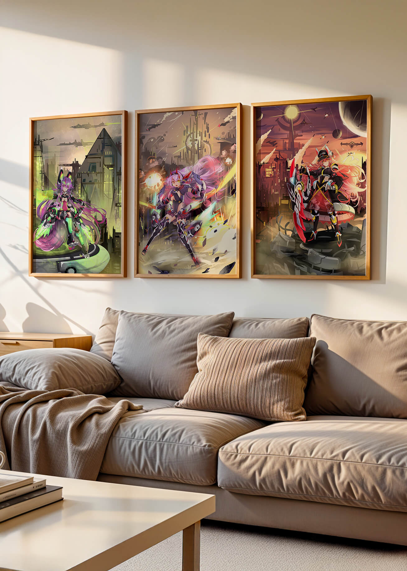Trio d’illustrations futuristes dans des cadres de couleur claire