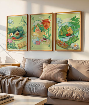 Arte de Comida Tradicional en Estilo Oriental con Motivos Culinarios