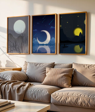 Paysages nocturnes avec lune et étoiles dans des cadres